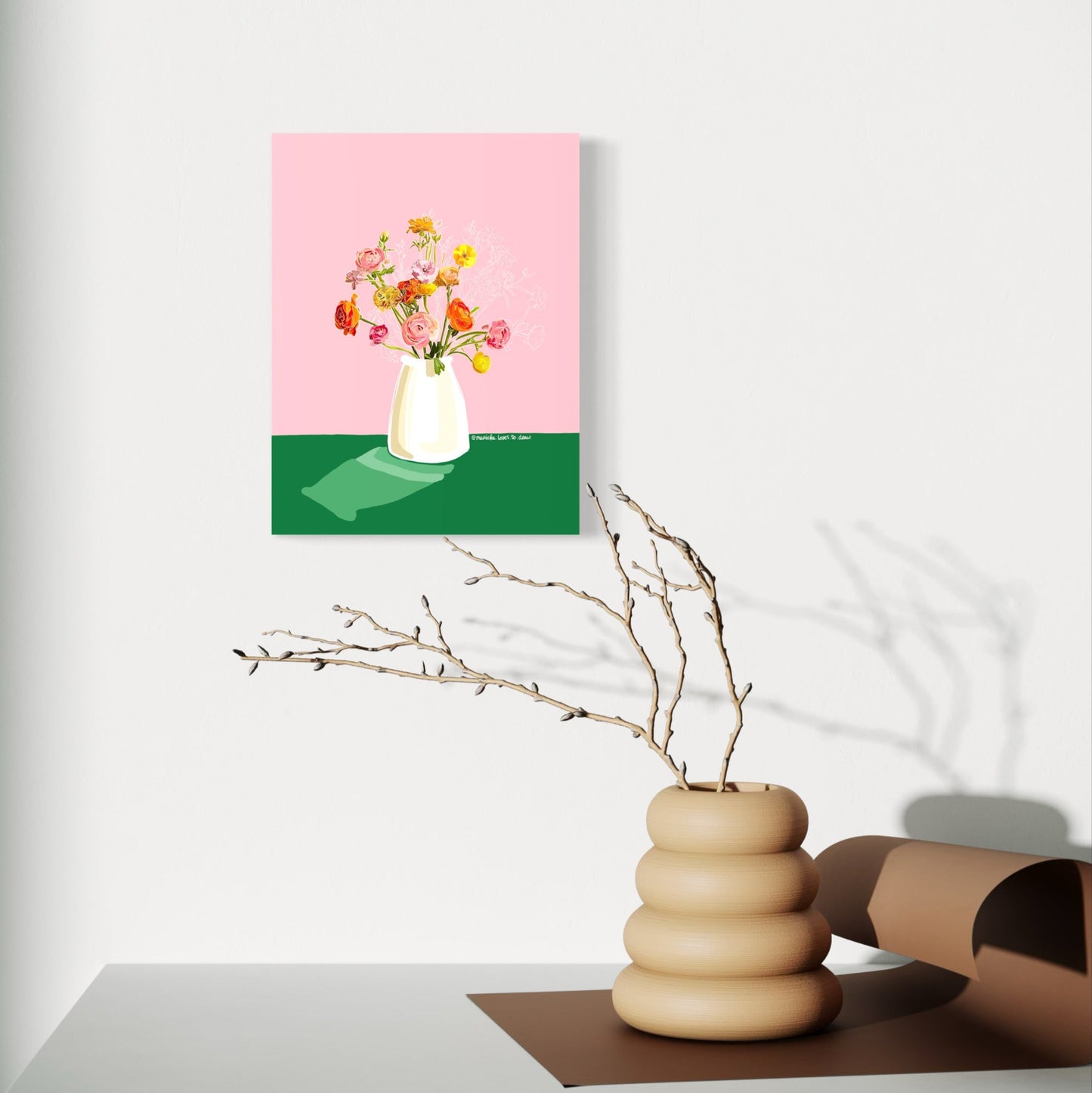 Roze Bloei | Mini print op hout