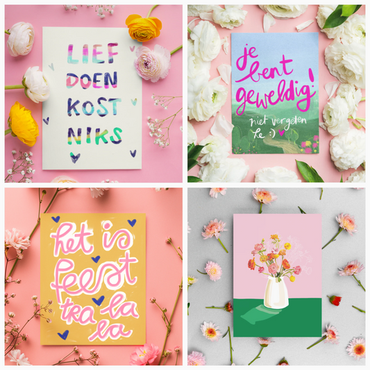 🛍️ Feestzakje met 4x Prints / Kaarten (feest aanbieding)