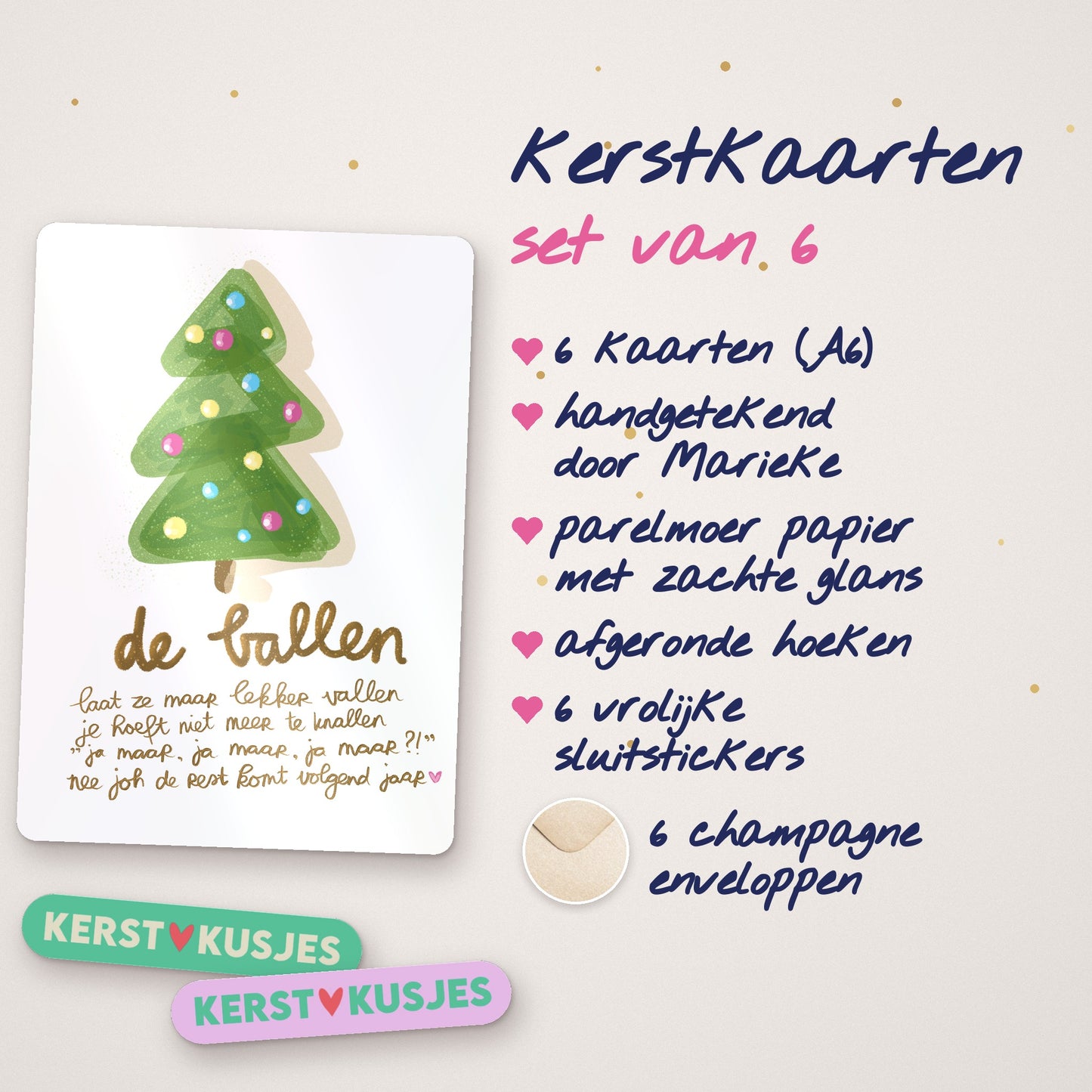🎄 Liefste Kerstkaarten 'De Ballen' (6 + enveloppen)
